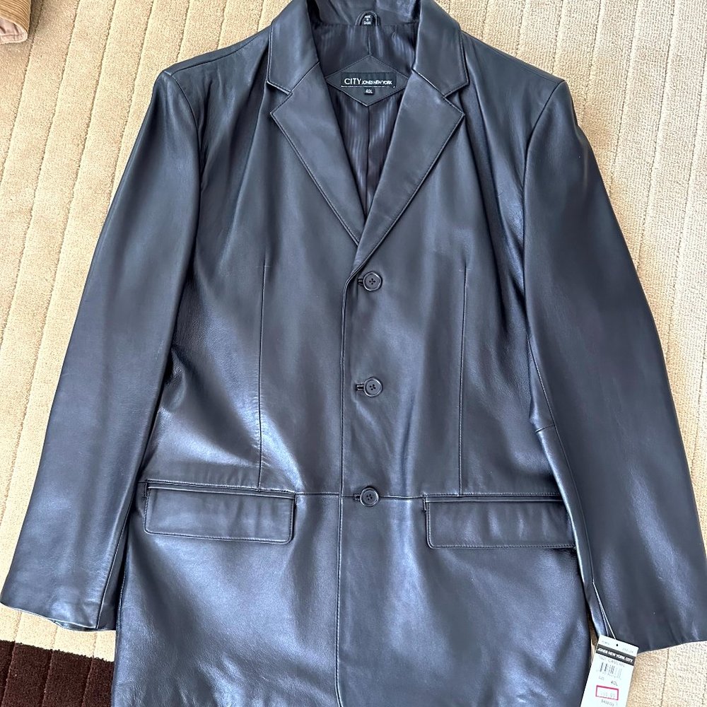 CITY Jones New York Black Leather Jacket Buttons Coat NWT 40L Mens Medium Large